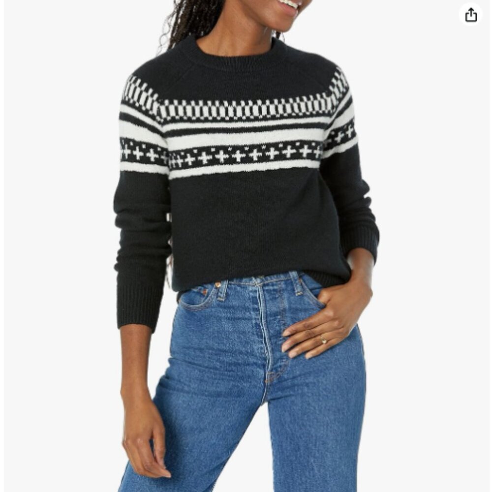 Amazon Essentials Crewneck Sweater for Women, Soft-Touch Black Fair Isle Pattern